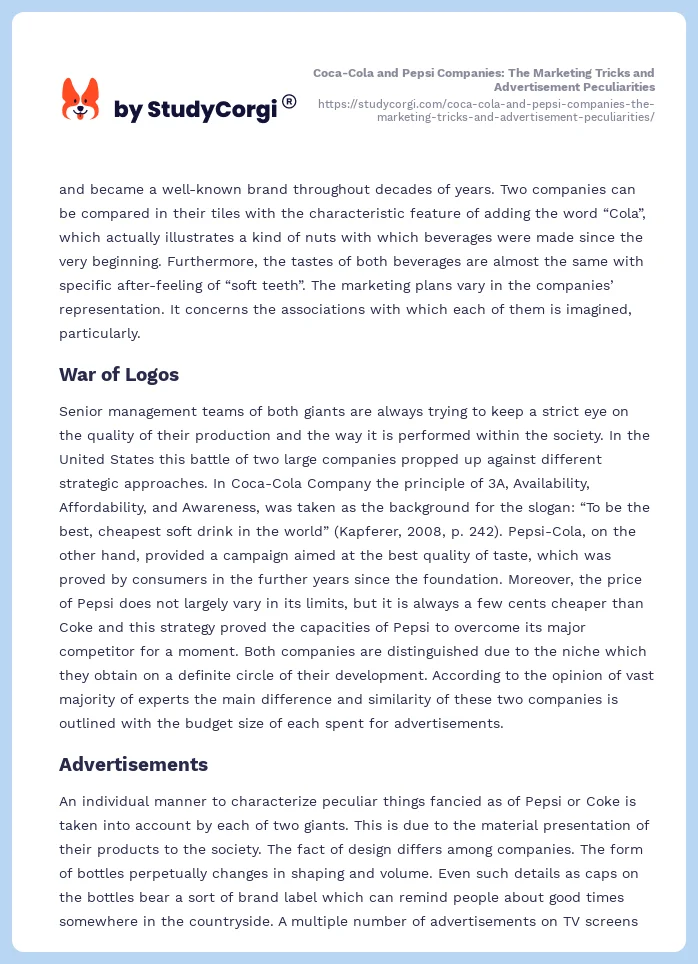 Coca-Cola and Pepsi Companies: The Marketing Tricks and Advertisement Peculiarities. Page 2
