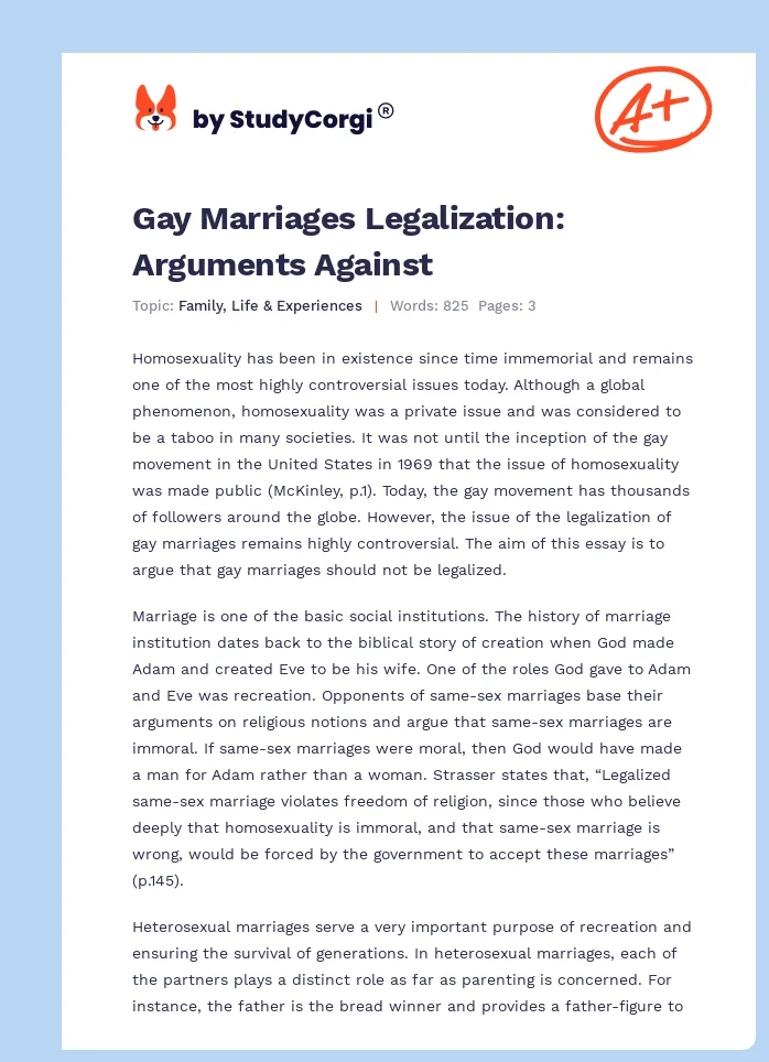Gay Marriages Legalization: Arguments Against. Page 1