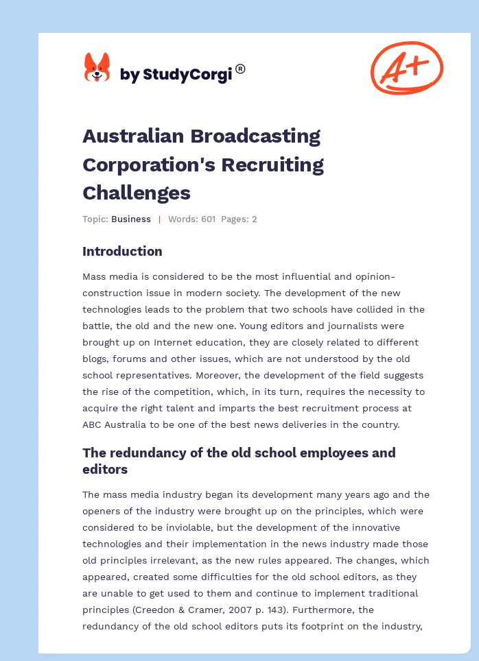 Australian Broadcasting Corporation's Recruiting Challenges. Page 1