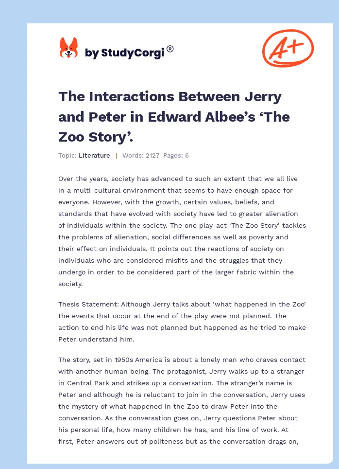 The Interactions Between Jerry and Peter in Edward Albee’s ‘The Zoo Story’.. Page 1
