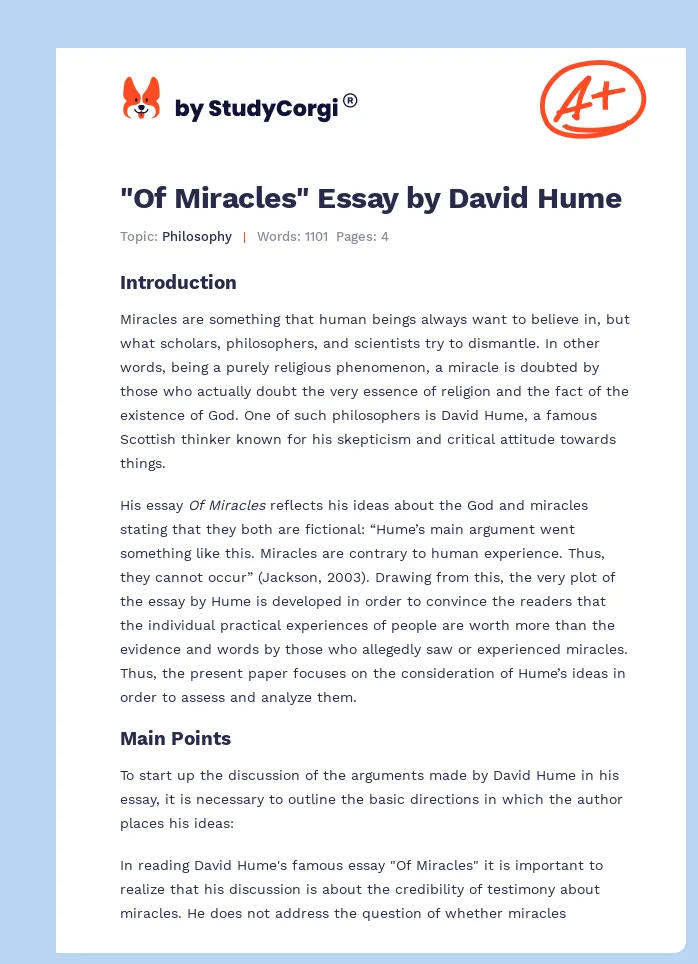"Of Miracles" Essay by David Hume. Page 1