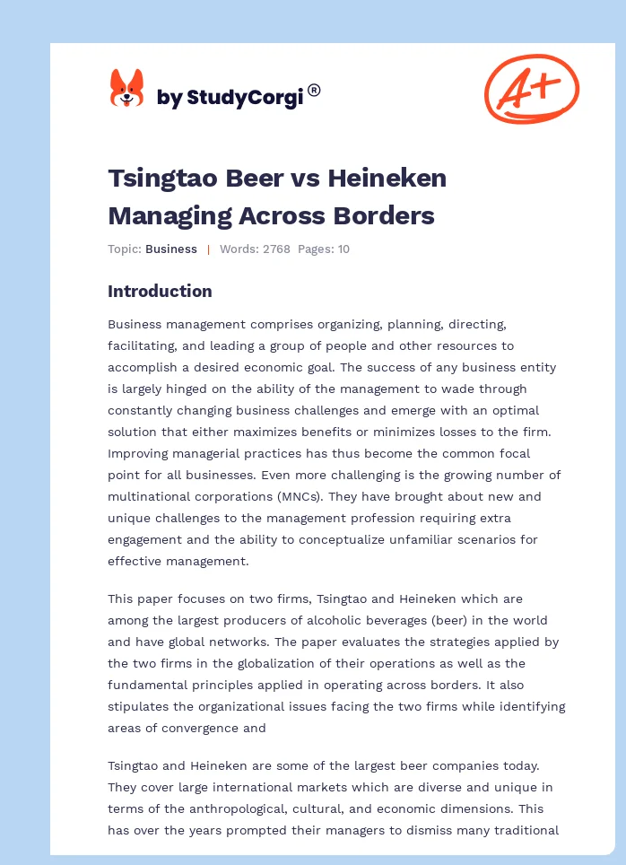 Tsingtao Beer vs Heineken Managing Across Borders. Page 1