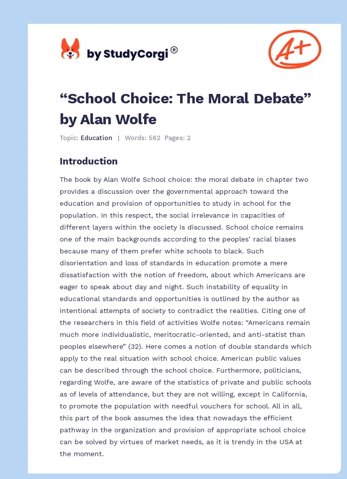 “School Choice: The Moral Debate” by Alan Wolfe. Page 1