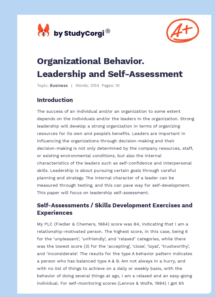 Organizational Behavior. Leadership and Self-Assessment. Page 1