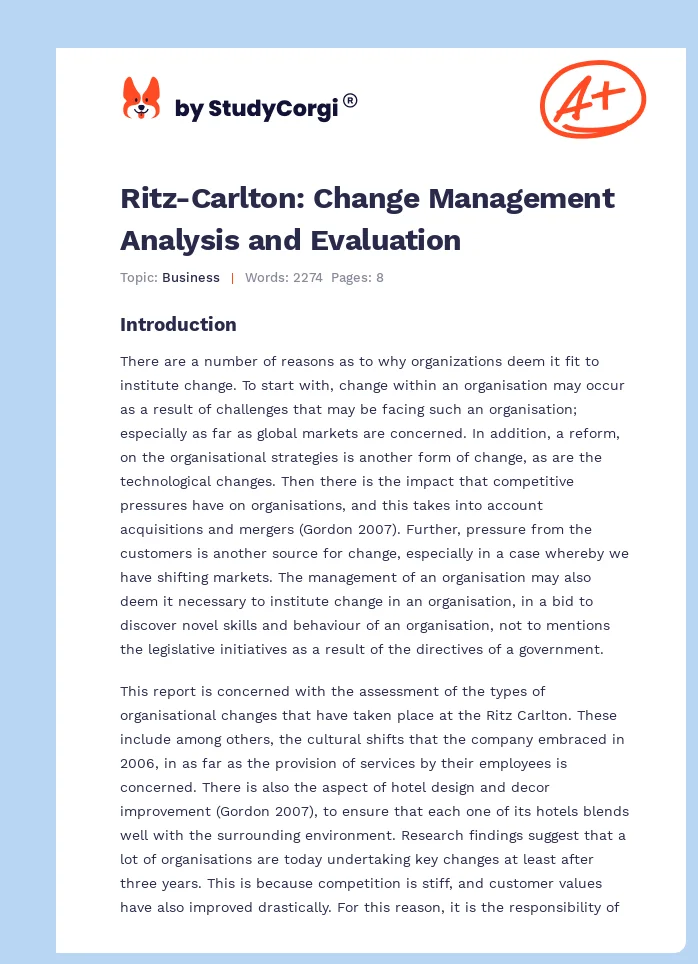Ritz-Carlton: Change Management Analysis and Evaluation. Page 1