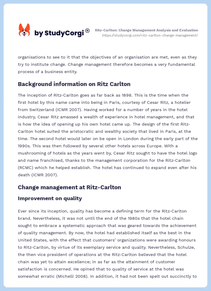 Ritz-Carlton: Change Management Analysis and Evaluation. Page 2