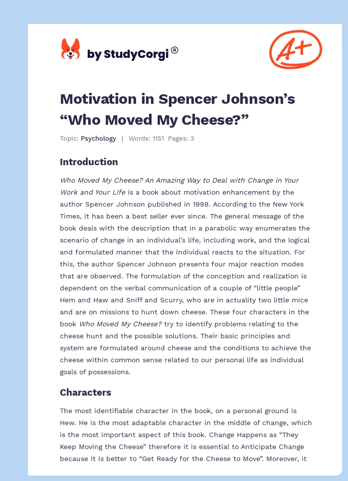 Motivation in Spencer Johnson’s “Who Moved My Cheese?”. Page 1