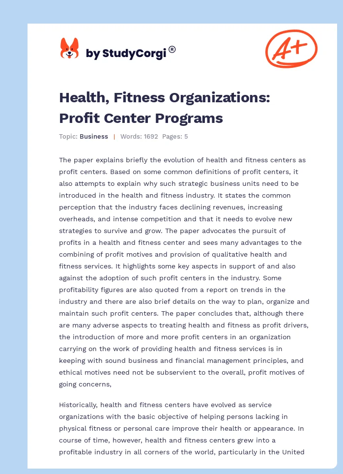 Health, Fitness Organizations: Profit Center Programs. Page 1