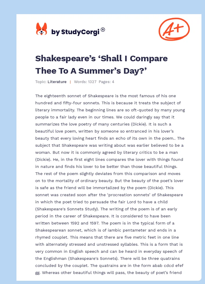 Shakespeare’s ‘Shall I Compare Thee To A Summer’s Day?’. Page 1
