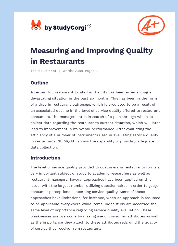 Measuring and Improving Quality in Restaurants. Page 1