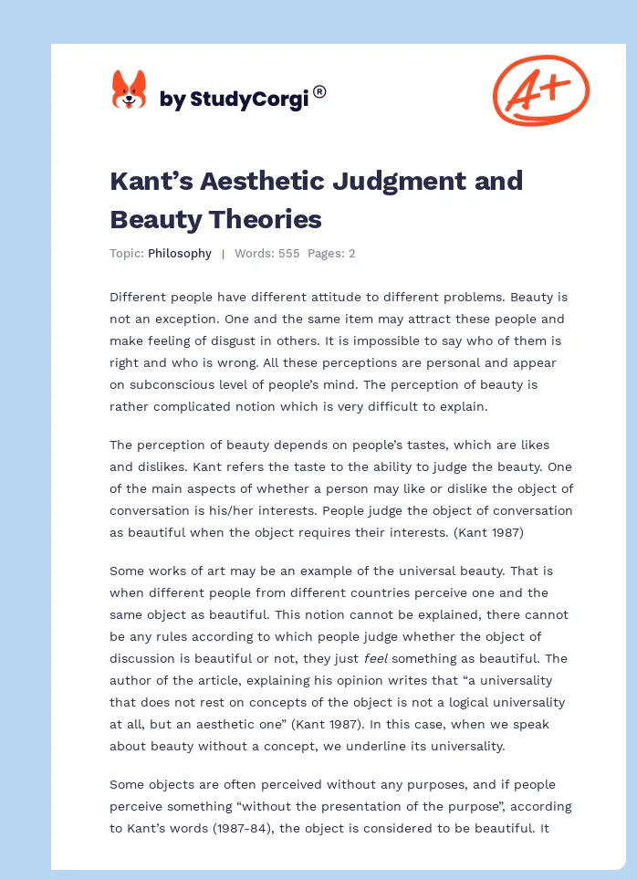 Kant’s Aesthetic Judgment and Beauty Theories. Page 1