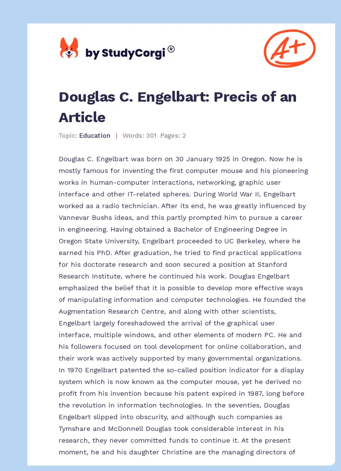 Douglas C. Engelbart: Precis of an Article. Page 1