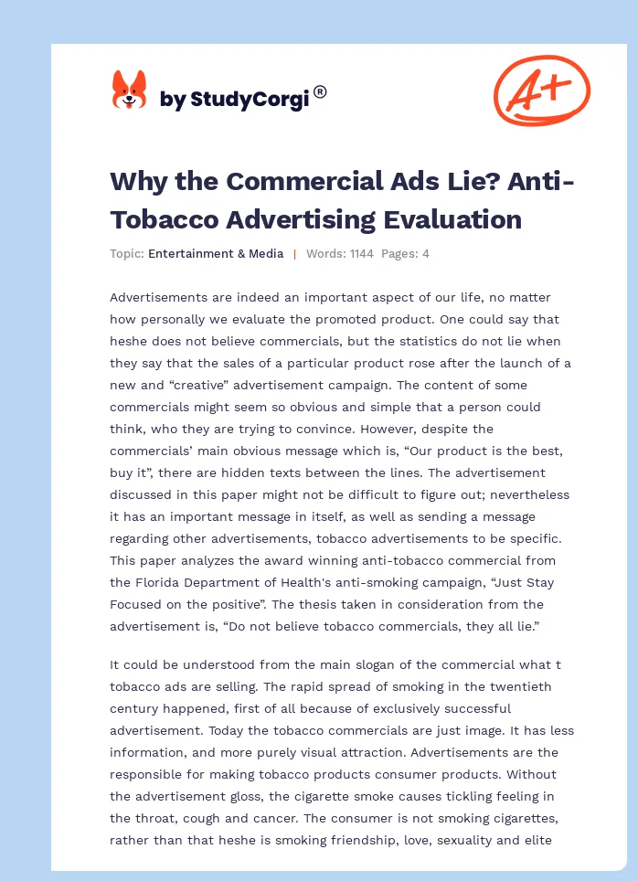 Why the Commercial Ads Lie? Anti-Tobacco Advertising Evaluation. Page 1