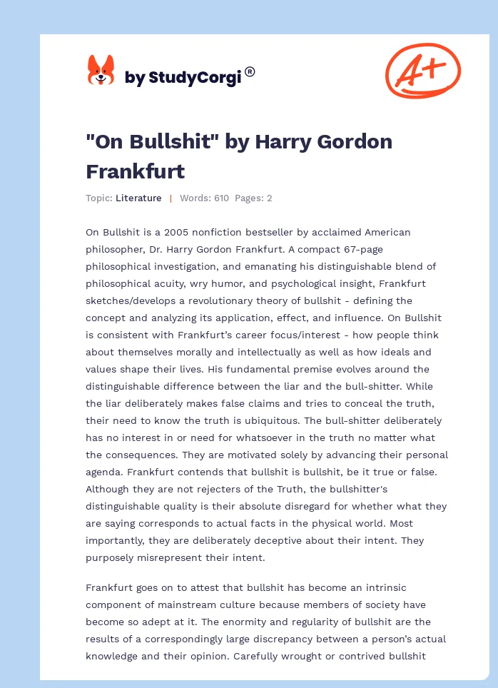 "On Bullshit" by Harry Gordon Frankfurt. Page 1