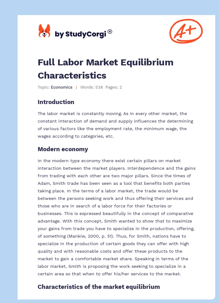 Full Labor Market Equilibrium Characteristics. Page 1