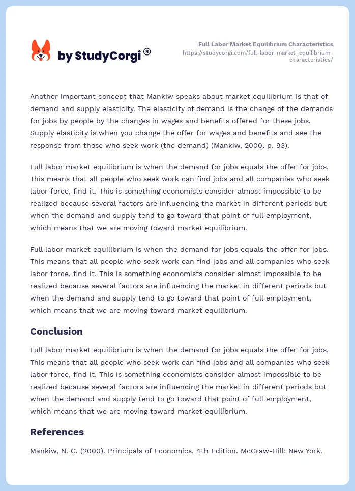 Full Labor Market Equilibrium Characteristics. Page 2