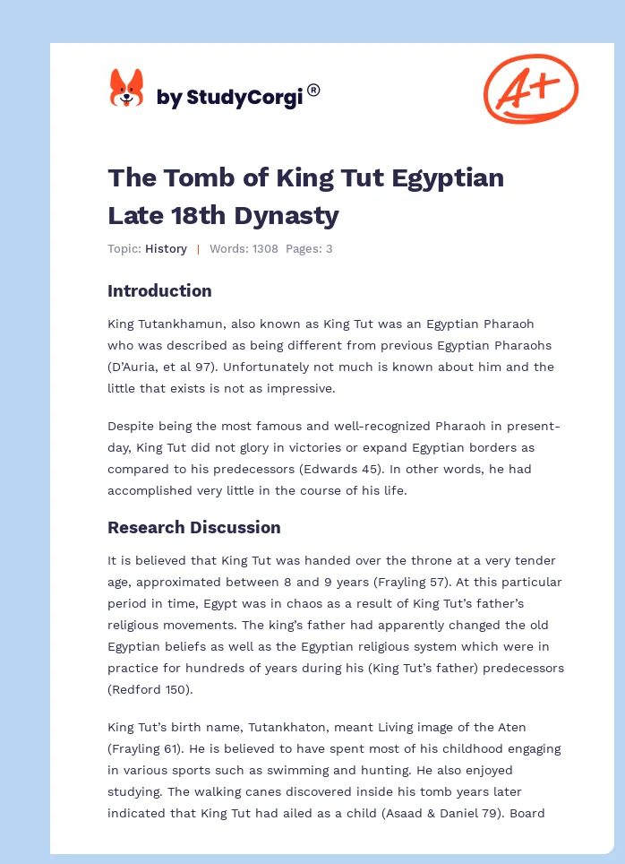 The Tomb of King Tut Egyptian Late 18th Dynasty. Page 1
