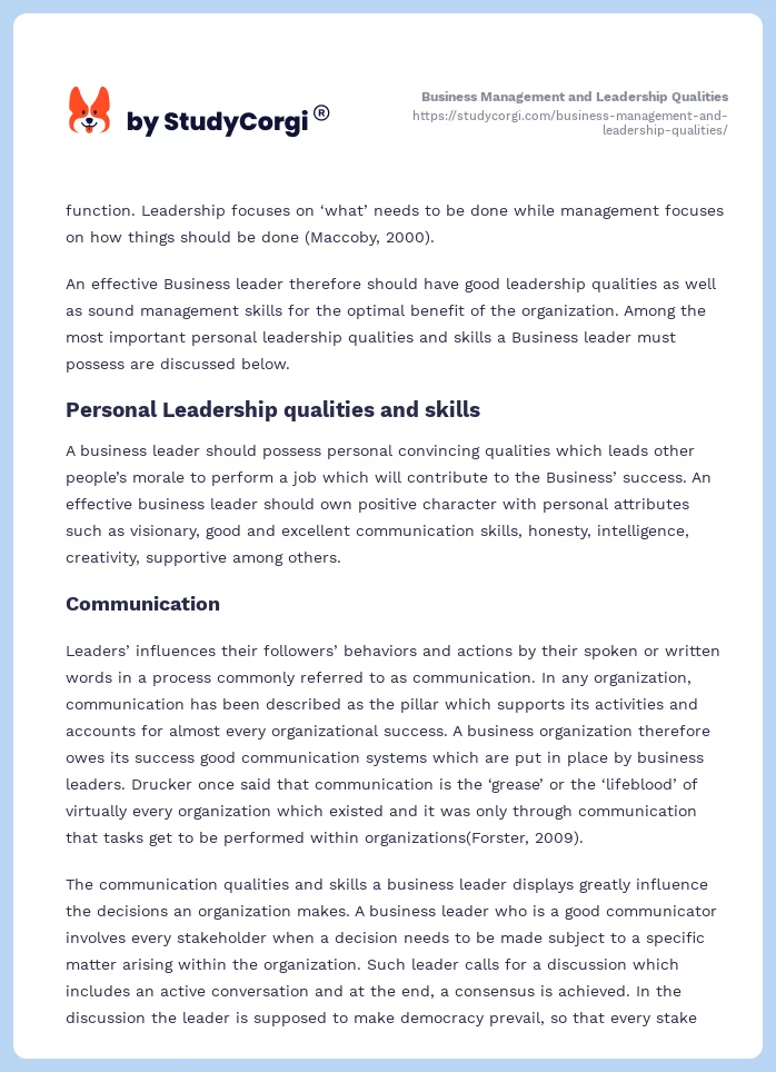 Business Management and Leadership Qualities. Page 2