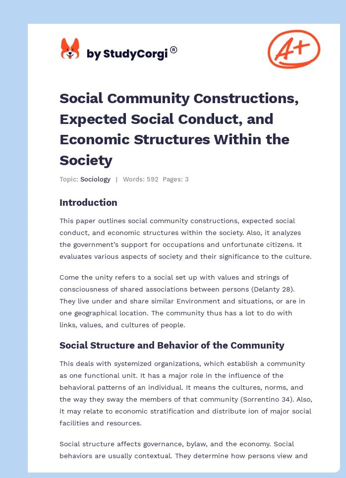 Social Community Constructions, Expected Social Conduct, and Economic Structures Within the Society. Page 1