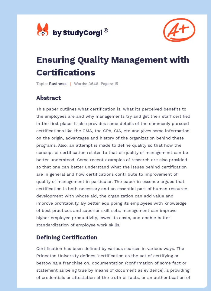 Ensuring Quality Management with Certifications. Page 1