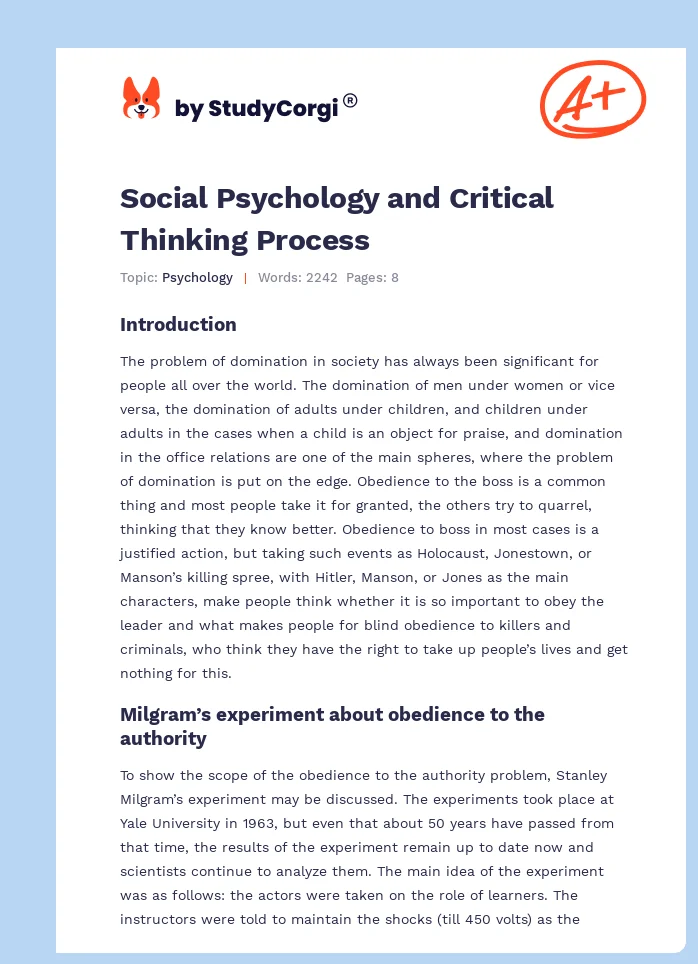 Social Psychology and Critical Thinking Process. Page 1
