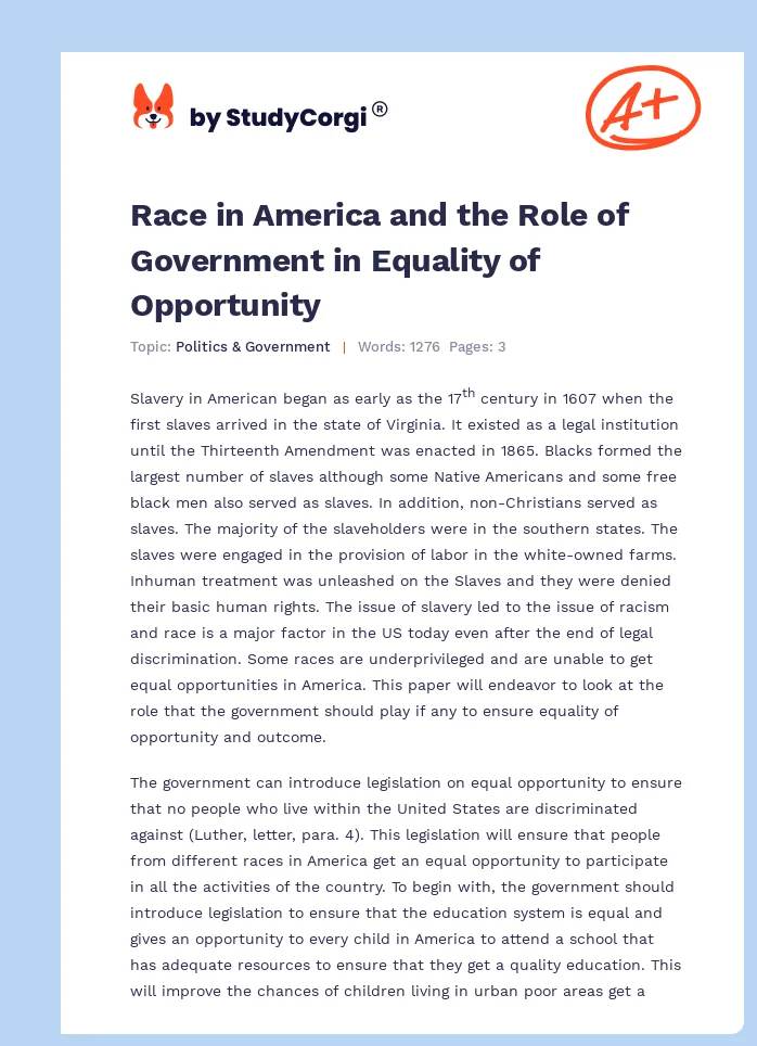 Race in America and the Role of Government in Equality of Opportunity. Page 1
