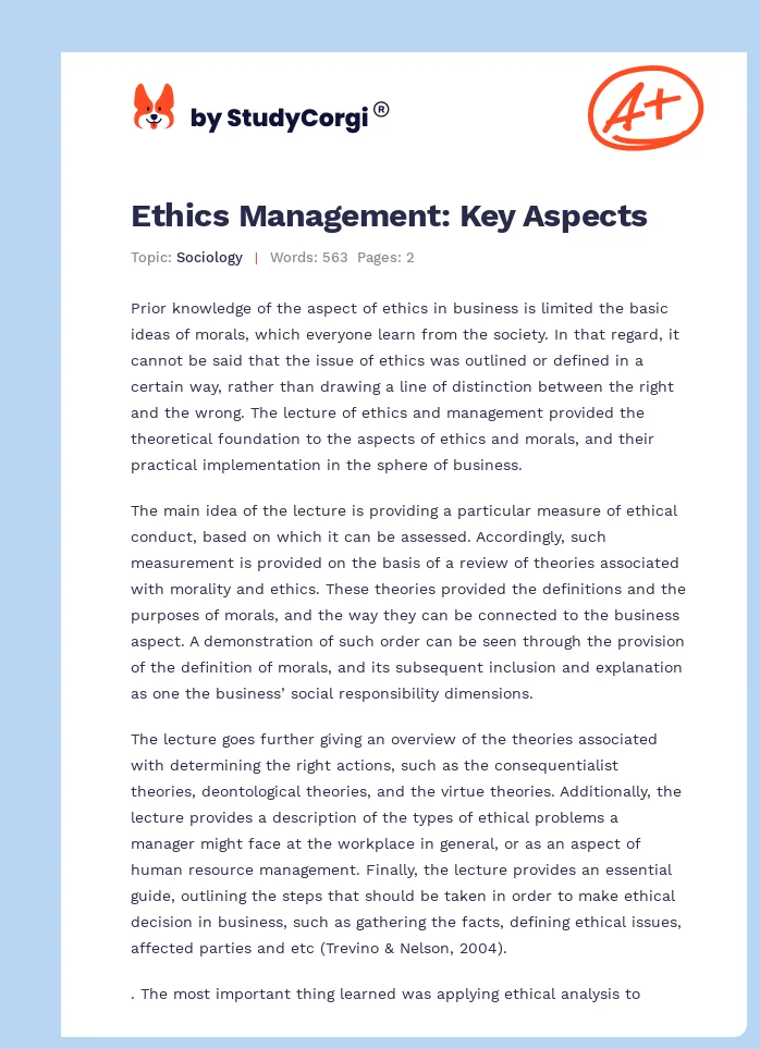 Ethics Management: Key Aspects. Page 1