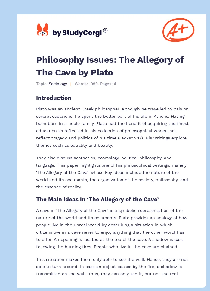 Philosophy Issues: The Allegory of The Cave by Plato. Page 1