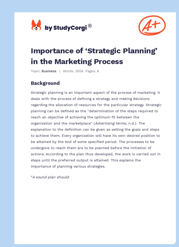 Importance of ‘Strategic Planning’ in the Marketing Process. Page 1