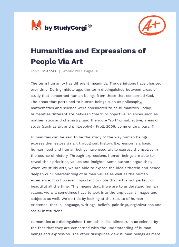 Humanities and Expressions of People Via Art. Page 1