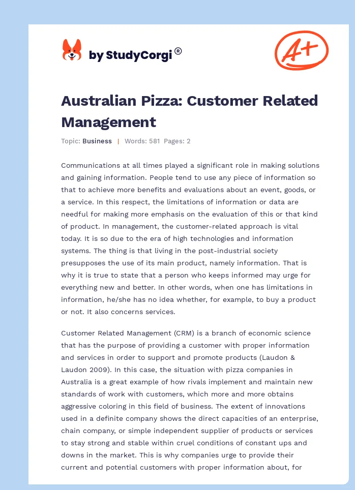 Australian Pizza: Customer Related Management. Page 1