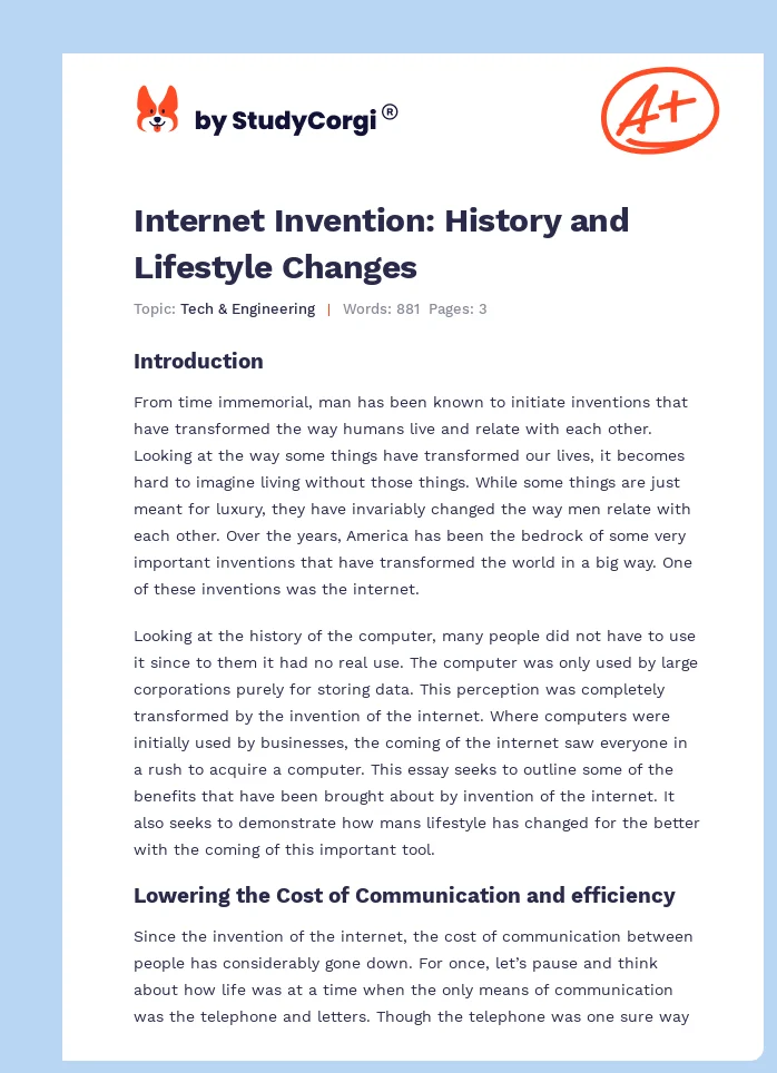 Internet Invention: History and Lifestyle Changes. Page 1