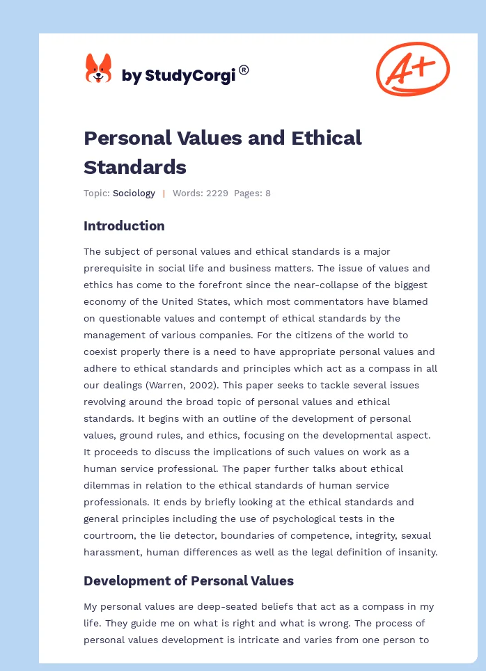 Personal Values and Ethical Standards. Page 1