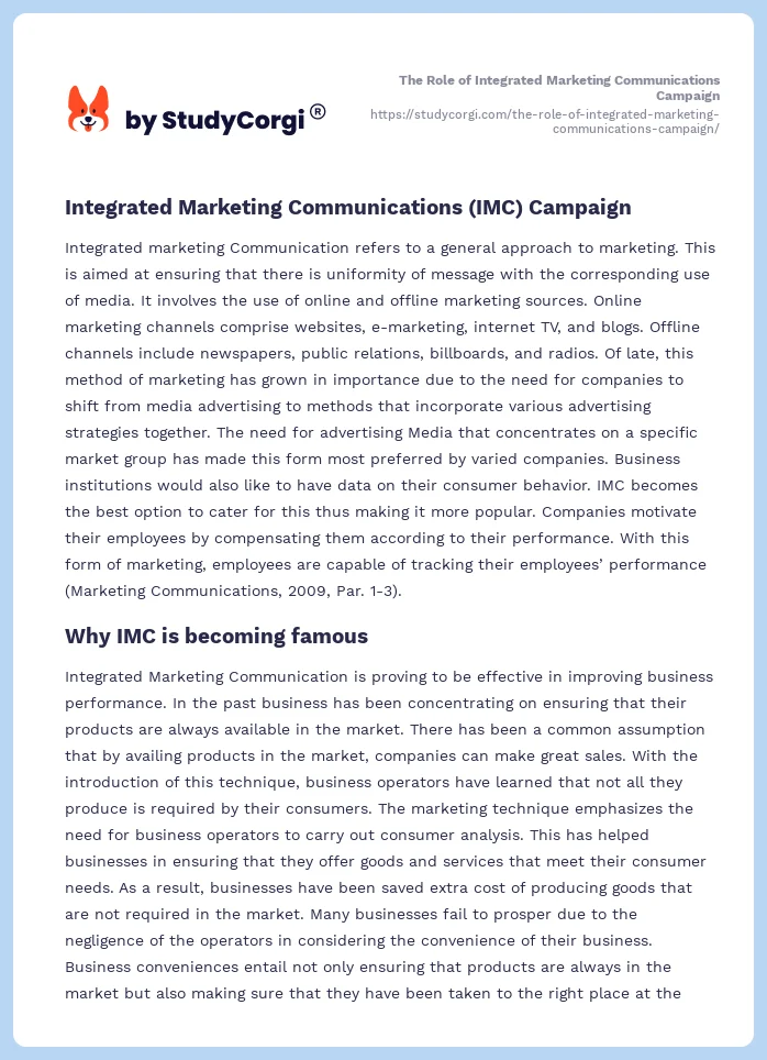 The Role of Integrated Marketing Communications Campaign. Page 2