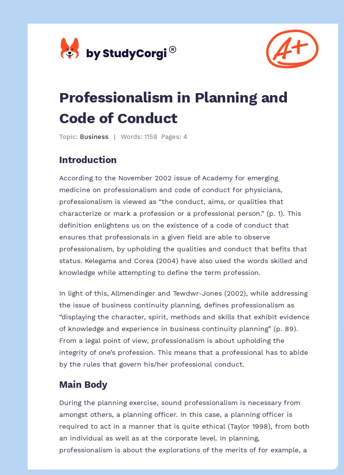 Professionalism in Planning and Code of Conduct. Page 1