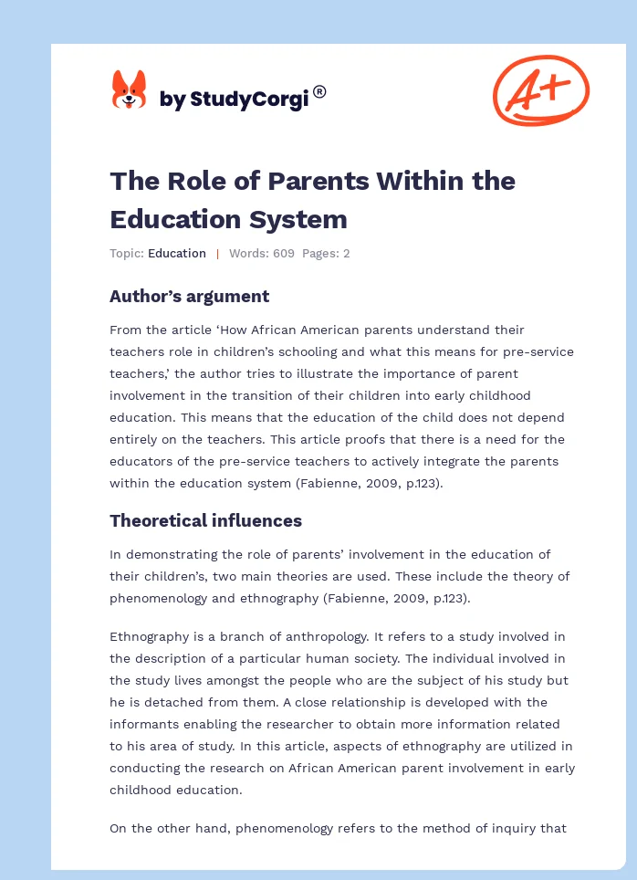The Role of Parents Within the Education System. Page 1