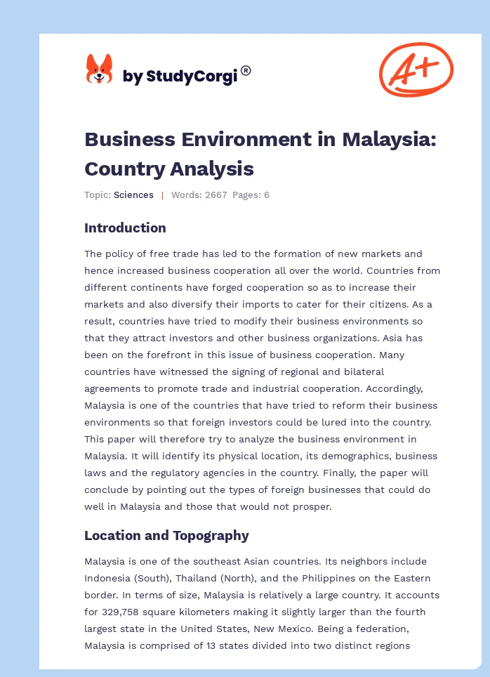 Business Environment in Malaysia: Country Analysis. Page 1