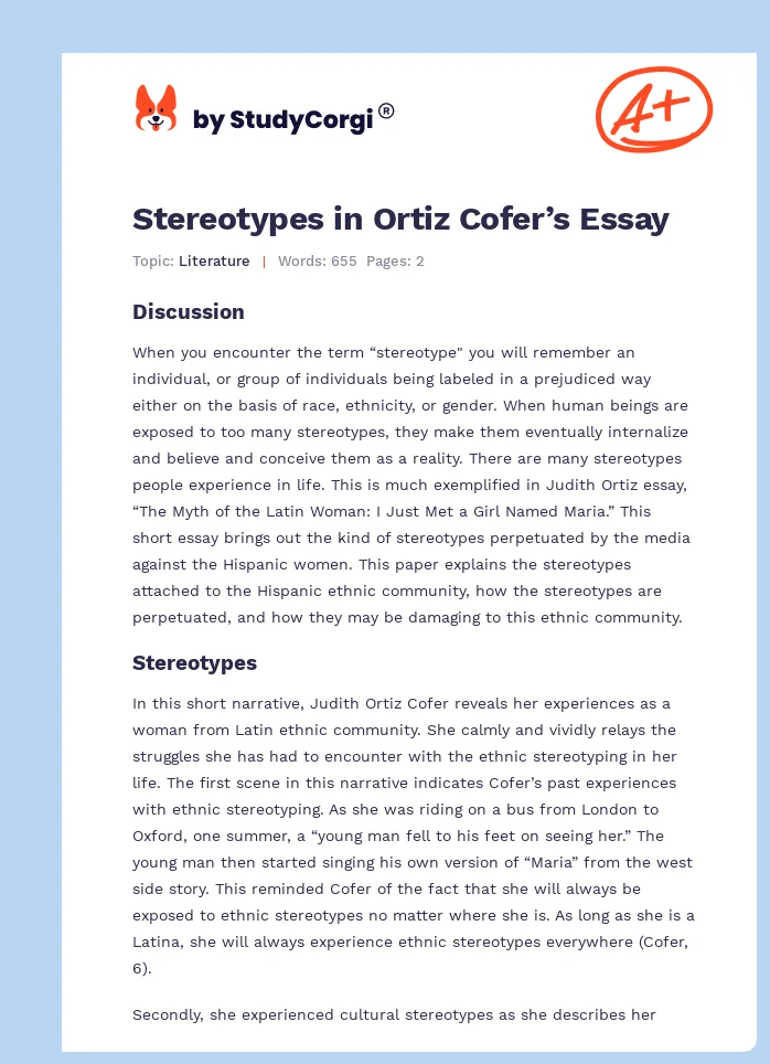 Stereotypes in Ortiz Cofer’s Essay. Page 1
