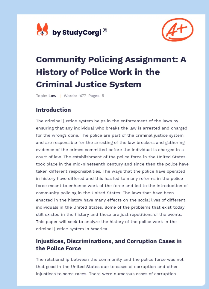 Community Policing Assignment: A History of Police Work in the Criminal Justice System. Page 1