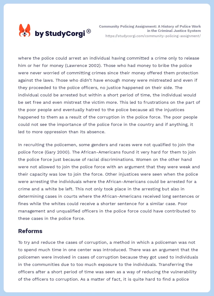 Community Policing Assignment: A History of Police Work in the Criminal Justice System. Page 2