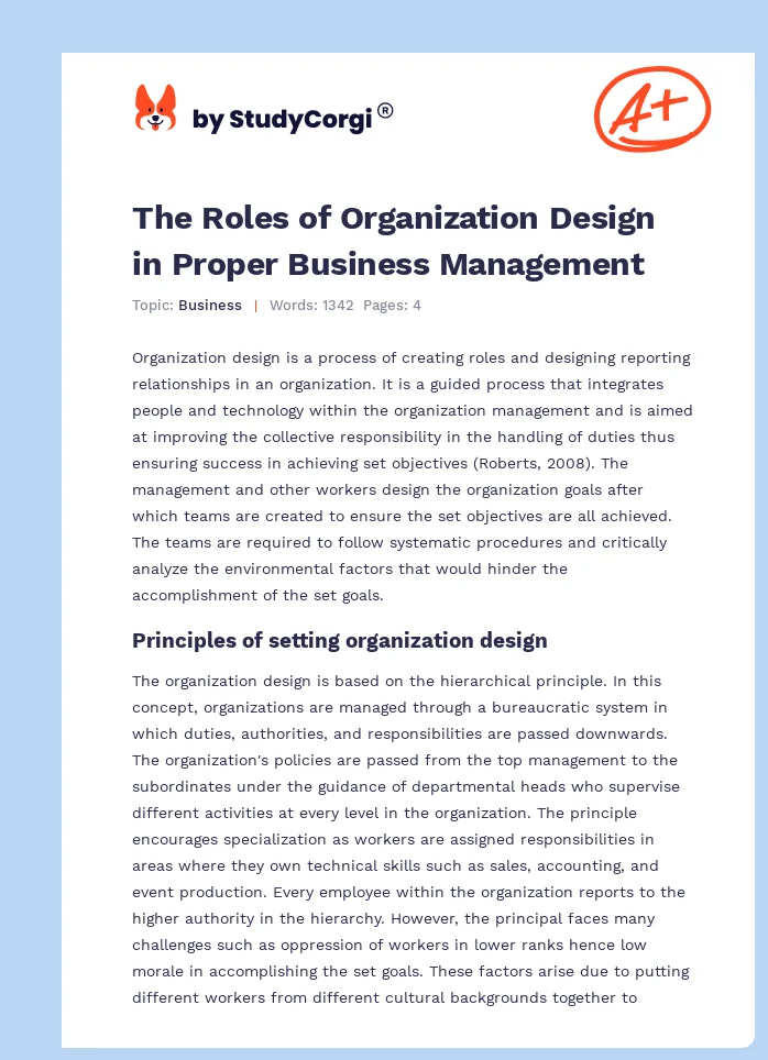 The Roles of Organization Design in Proper Business Management. Page 1