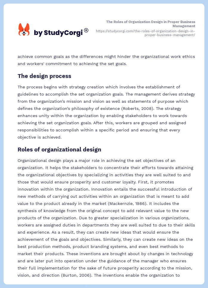 The Roles of Organization Design in Proper Business Management. Page 2