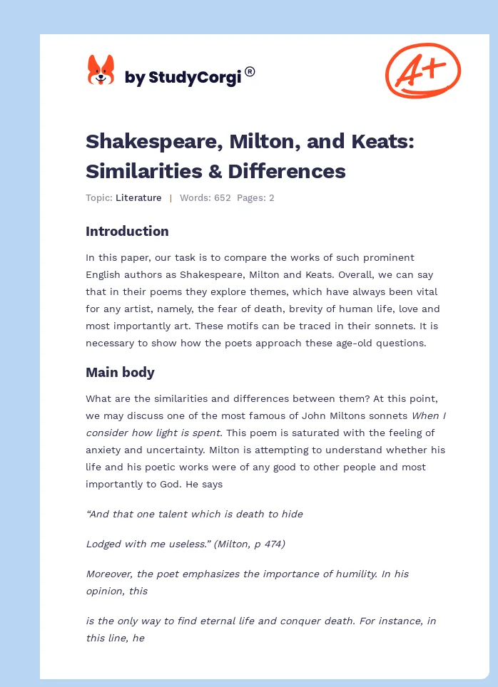 Shakespeare, Milton, and Keats: Similarities & Differences. Page 1
