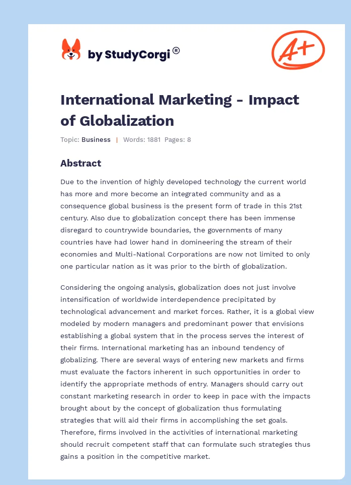 International Marketing - Impact of Globalization. Page 1