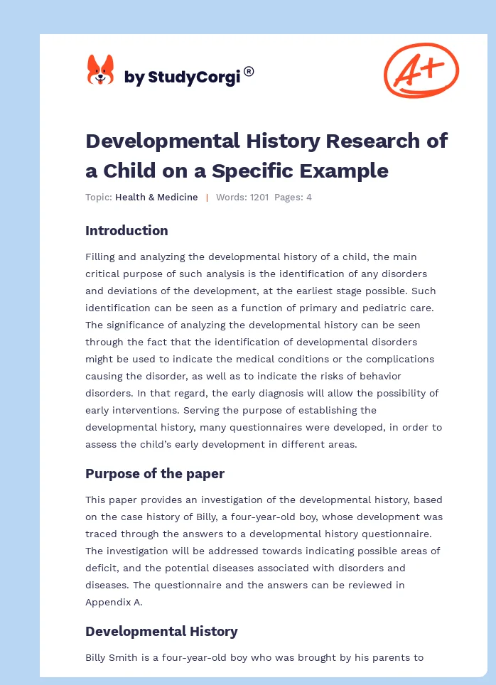 Developmental History Research of a Child on a Specific Example. Page 1