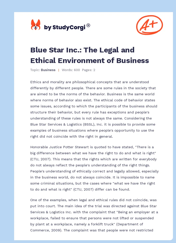 Blue Star Inc.: The Legal and Ethical Environment of Business. Page 1