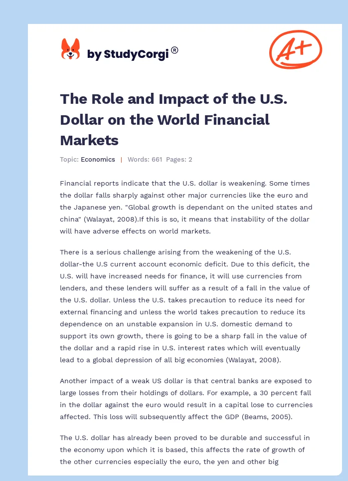 The Role and Impact of the U.S. Dollar on the World Financial Markets. Page 1