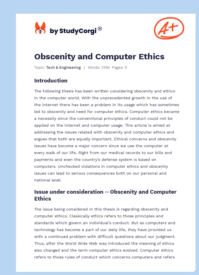 Obscenity and Computer Ethics. Page 1
