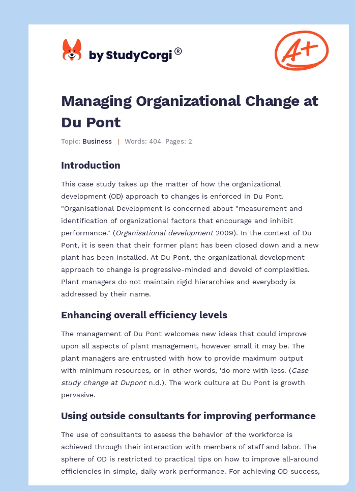Managing Organizational Change at Du Pont. Page 1