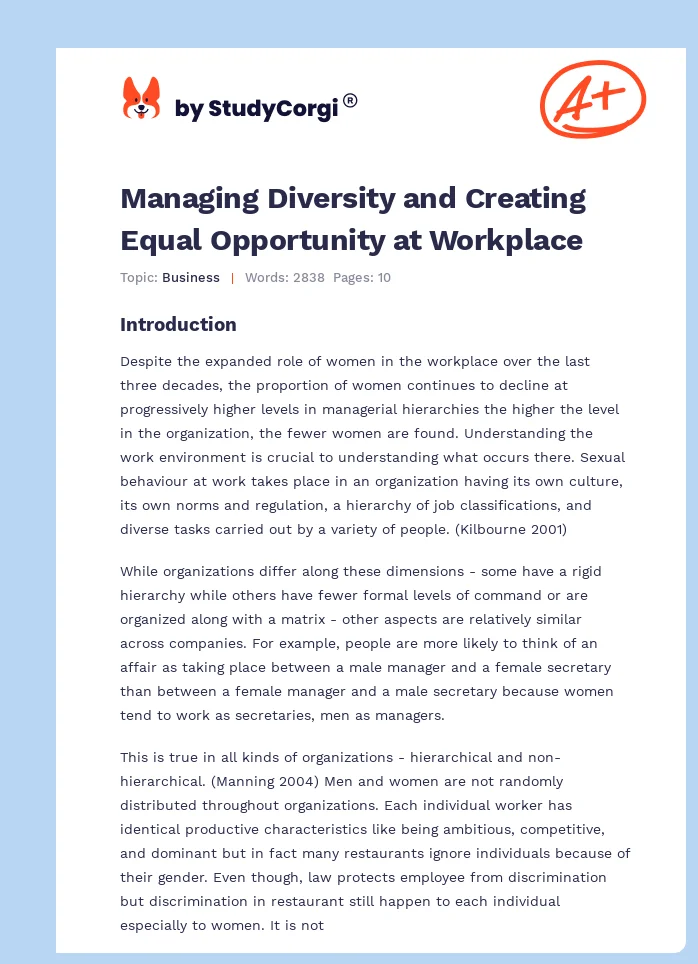 Managing Diversity and Creating Equal Opportunity at Workplace. Page 1